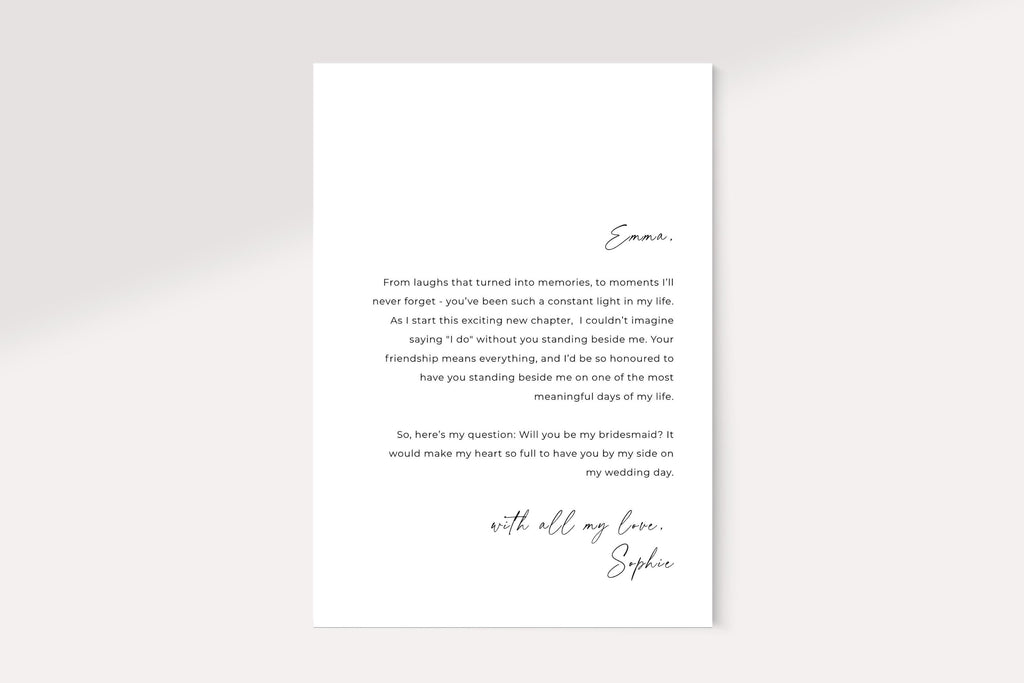 Bridesmaid proposal card back design with heartfelt proposal message, editable Canva bridesmaid card template, printable wedding party proposal card, personalised bridesmaid gift card, instant download wedding stationery.