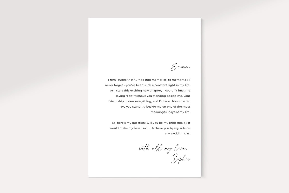 Bridesmaid proposal card back design with heartfelt proposal message, editable Canva bridesmaid card template, printable wedding party proposal card, personalised bridesmaid gift card, instant download wedding stationery.