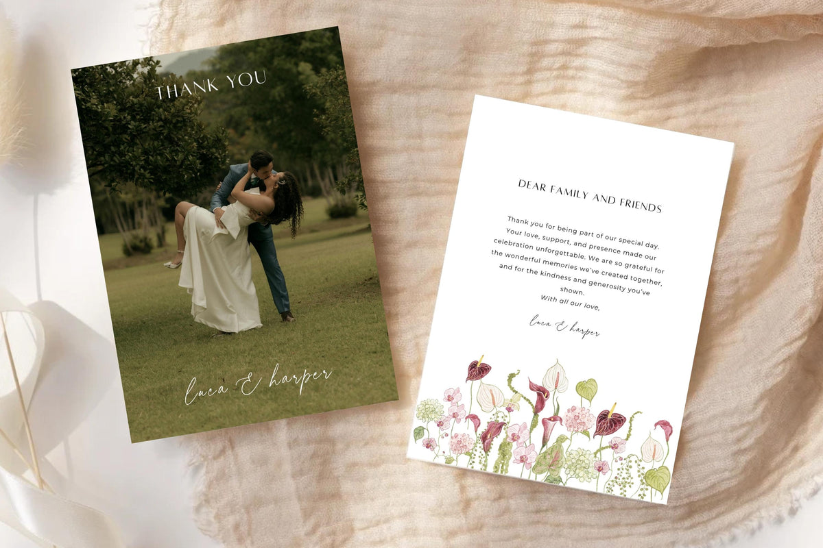 Personalised wedding photo thank you card and matching floral reverse on beige linen with ivory ribbon. White message card features a dear family and friends heading above a pink and green watercolour flower border.