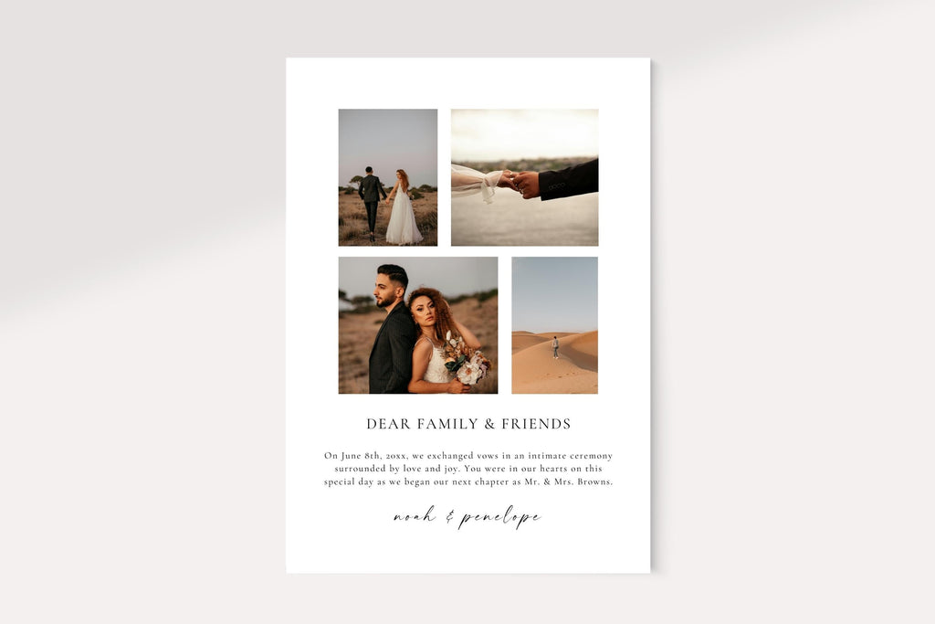 Simple and timeless elopement announcement card design, editable wedding photo card Canva template, minimalist layout for announcing private ceremony.