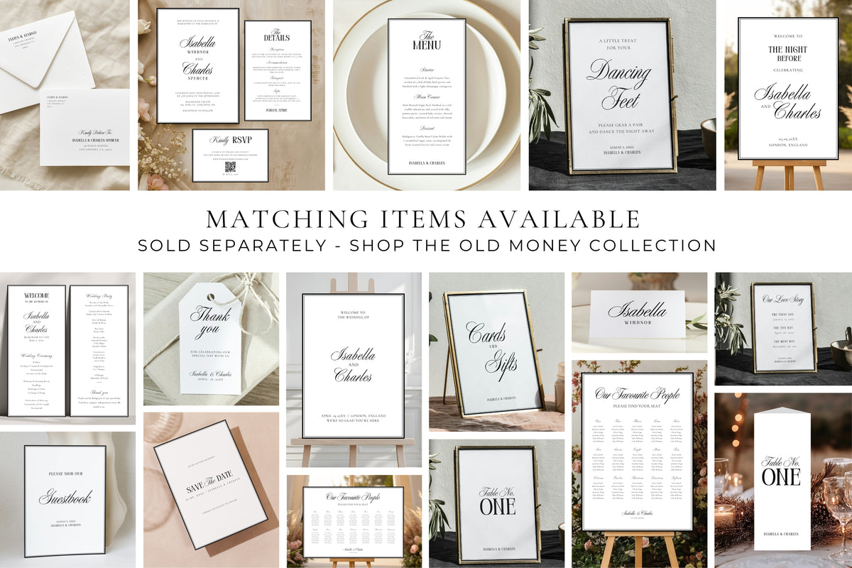 A collage of wedding stationery and invitation designs with the text 'MATCHING ITEMS AVAILABLE - SOLD SEPARATELY - SHOP THE OLD MONEY COLLECTION.' The images show elegant white cards with black script and serif typography, styled with neutral backgrounds, gold accents, and small decor elements.