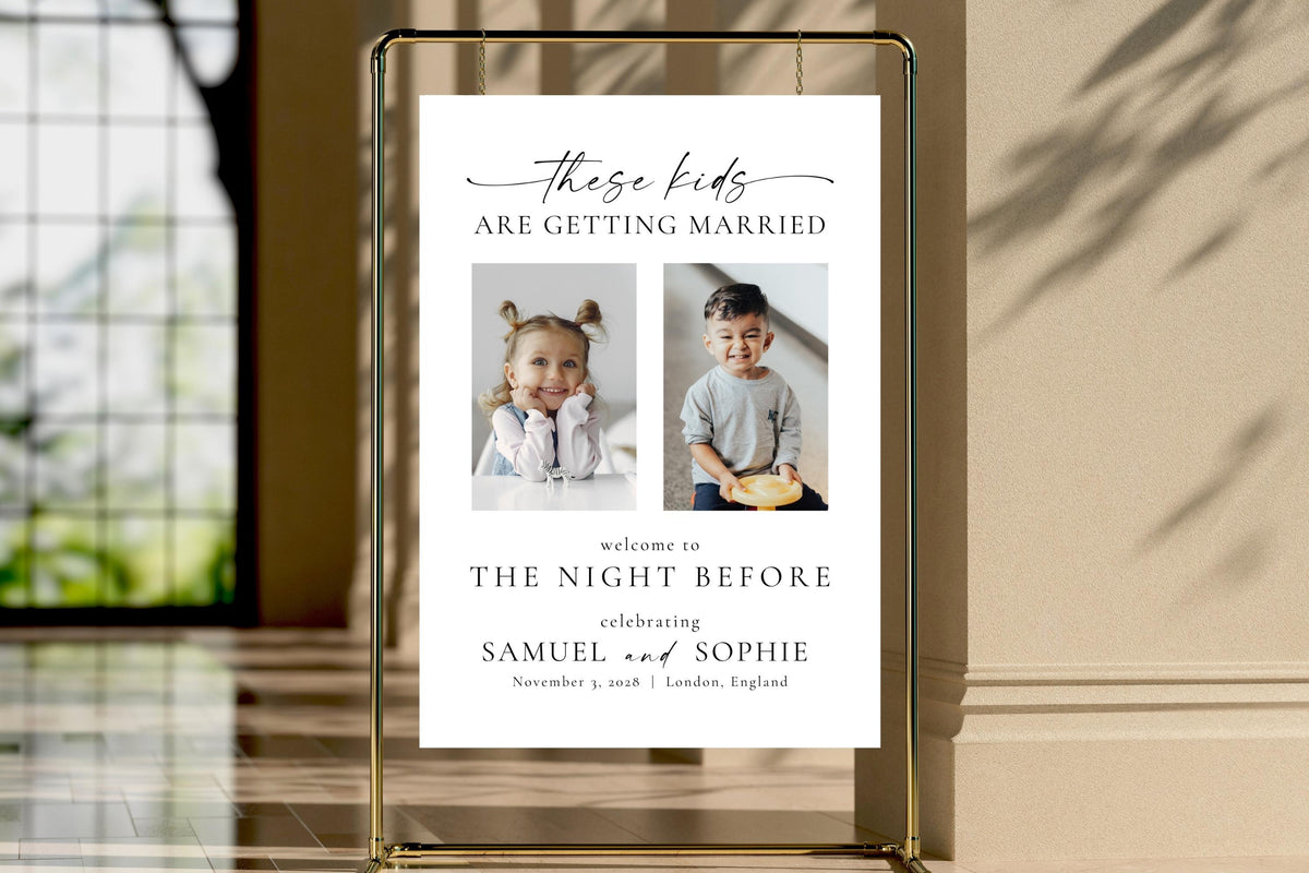 Elegant printable rehearsal dinner welcome sign in gold frame, These Kids Are Getting Married Canva template with couple’s photos, editable night before wedding sign