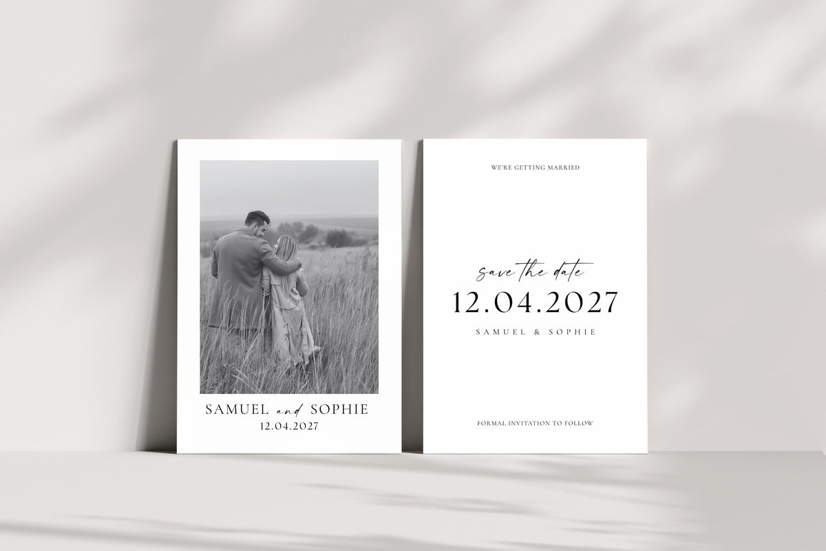Modern save the date wedding template with photo and date, clean neutral background, Canva editable and printable double-sided invitation for elegant wedding announcements.