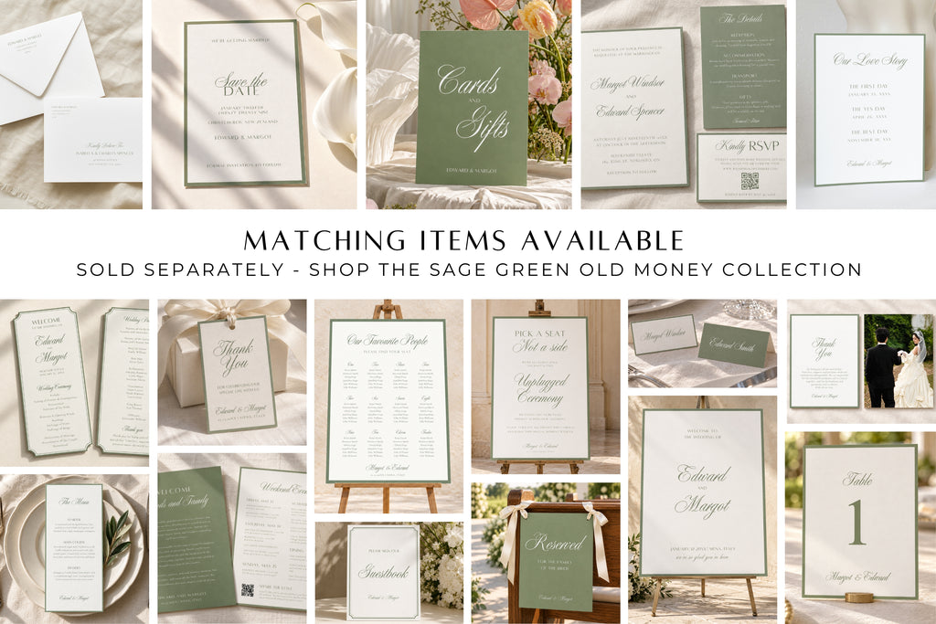 A collage of wedding stationery pieces in sage green and cream tones, including invitation cards, save-the-date cards, menus, table markers, and envelopes, with text reading 'MATCHING ITEMS AVAILABLE' and 'SOLD SEPARATELY - SHOP THE SAGE GREEN OLD MONEY COLLECTION.'.