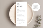 Editable wedding dinner menu template on ceramic plate with greenery, simple printable wedding menu card for modern reception styling.