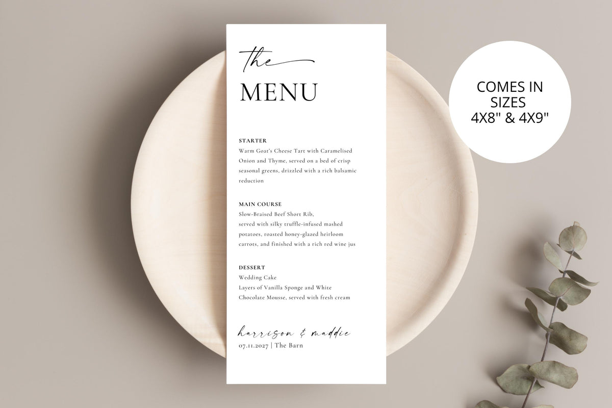 Editable wedding dinner menu template on ceramic plate with greenery, simple printable wedding menu card for modern reception styling.