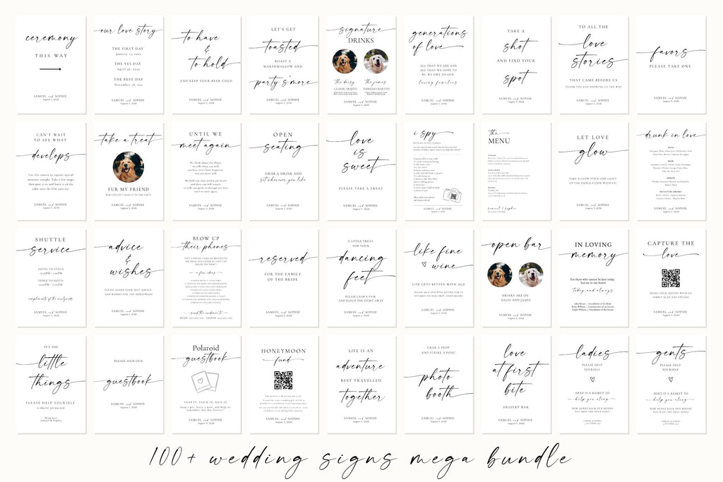 Large wedding signage bundle preview showing multiple minimalist wedding signs, editable Canva wedding signs bundle for seating charts, welcome signs and bar menus