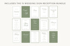 Set of 15 coordinating sage green wedding reception signs with ivory and green backgrounds, elegant calligraphy and fine borders, including cards and gifts, guestbook and other matching wedding table signage.