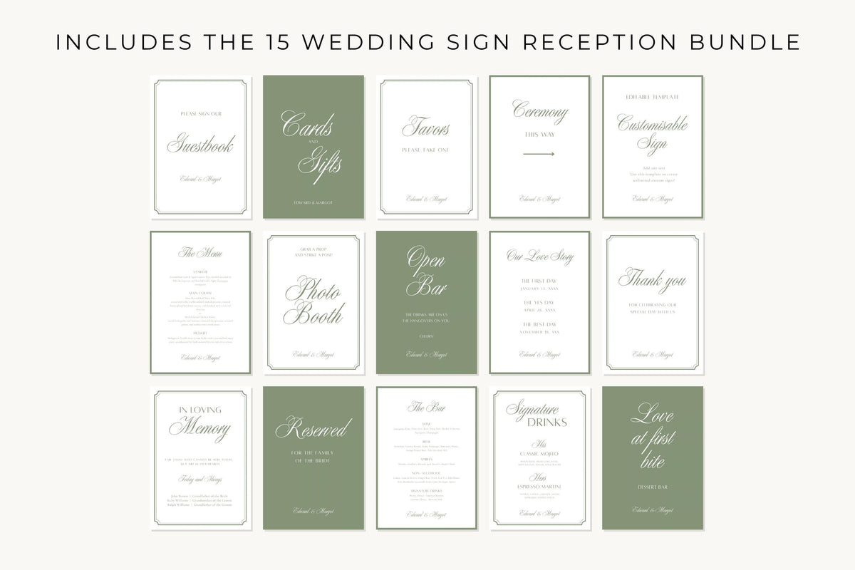Set of 15 coordinating sage green wedding reception signs with ivory and green backgrounds, elegant calligraphy and fine borders, including cards and gifts, guestbook and other matching wedding table signage.