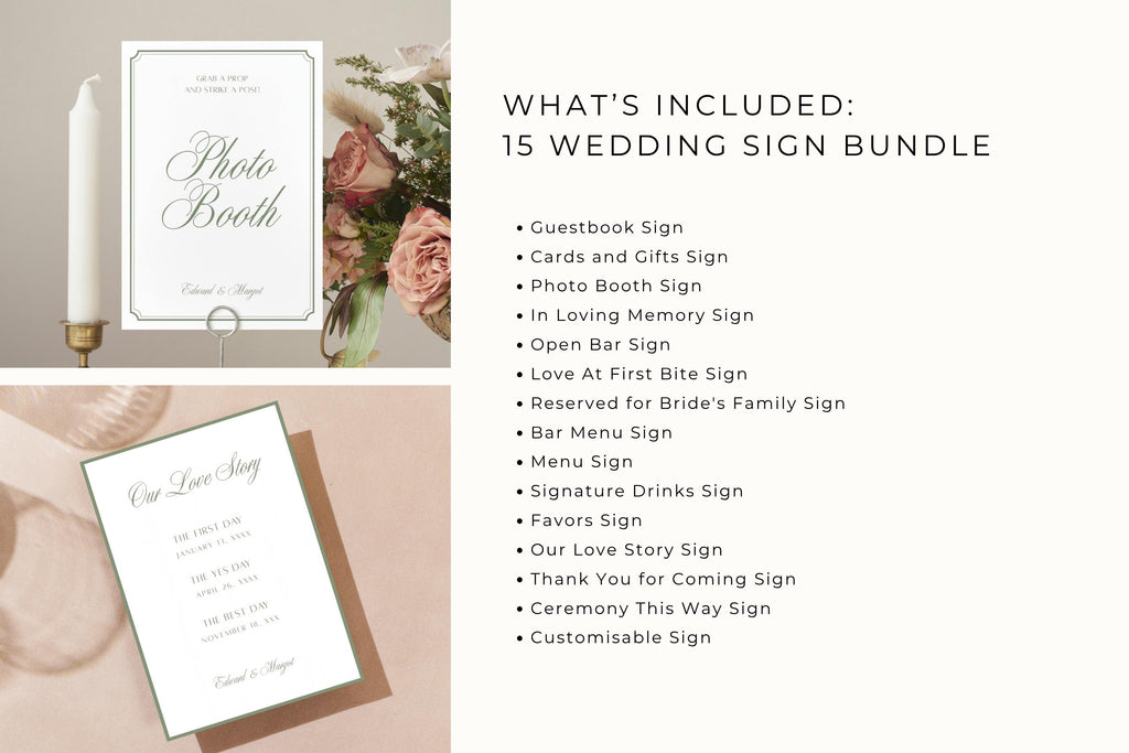 Editable wedding reception signage bundle contents showing 15 coordinating designs, including photo booth, cards and gifts, memorial, guestbook and bar signs with sage green typography.
