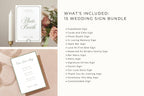 Editable wedding reception signage bundle contents showing 15 coordinating designs, including photo booth, cards and gifts, memorial, guestbook and bar signs with sage green typography.