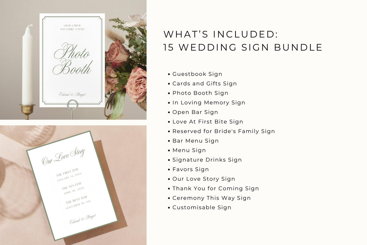 Editable wedding reception signage bundle contents showing 15 coordinating designs, including photo booth, cards and gifts, memorial, guestbook and bar signs with sage green typography.