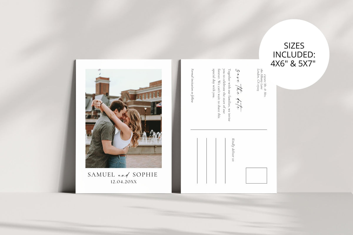 Photo save the date postcard set mockup with 4x6 and 5x7 sizes included, editable text layout for printable wedding announcement design.