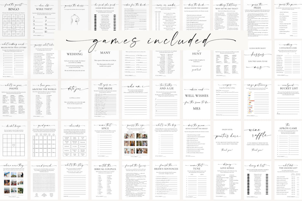 Printable bridal shower and bachelorette party games collage – 60 editable Canva templates in clean minimalist design for elegant wedding showers and engagement parties.