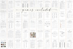 Printable bridal shower and bachelorette party games collage – 60 editable Canva templates in clean minimalist design for elegant wedding showers and engagement parties.
