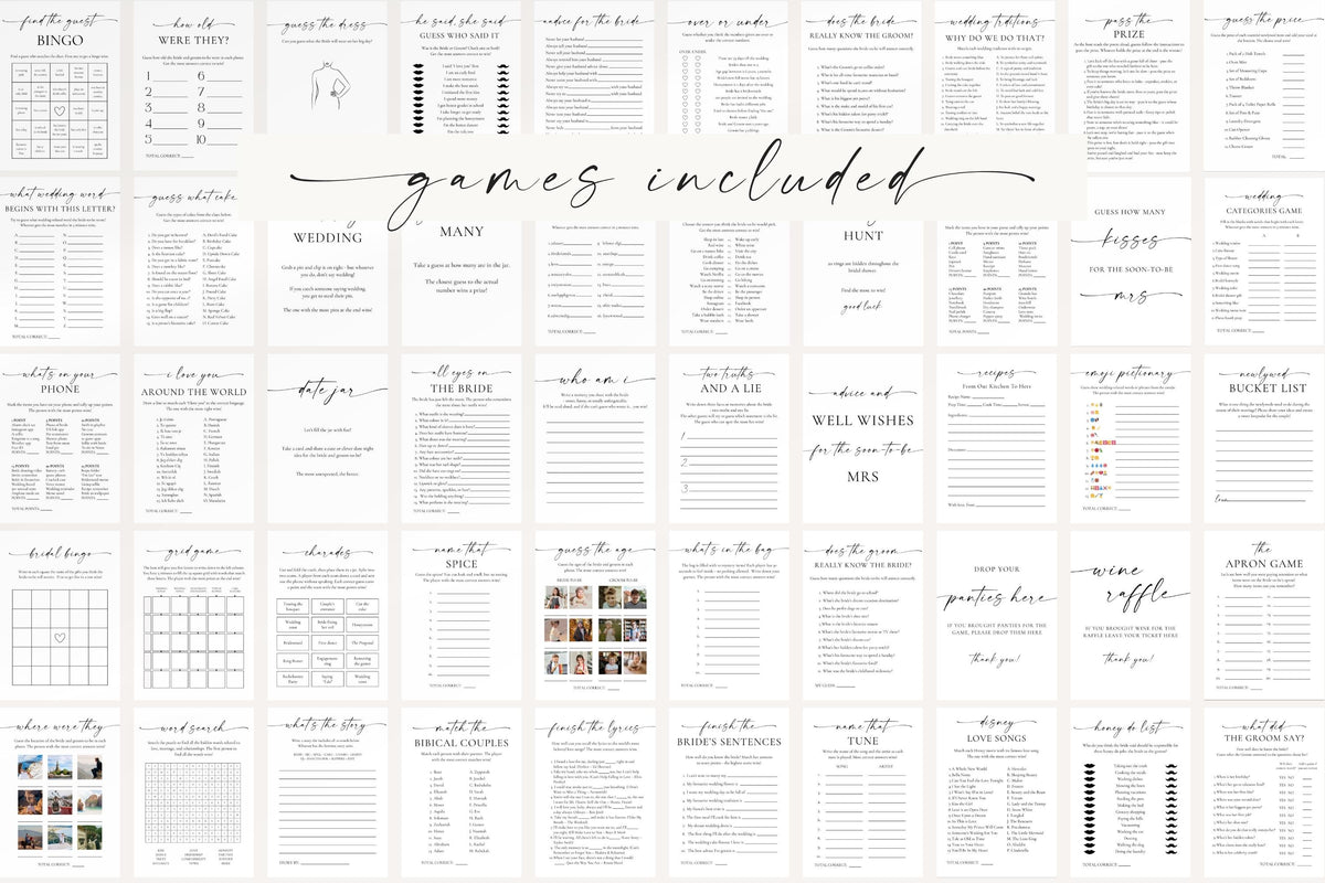 Printable bridal shower and bachelorette party games collage – 60 editable Canva templates in clean minimalist design for elegant wedding showers and engagement parties.