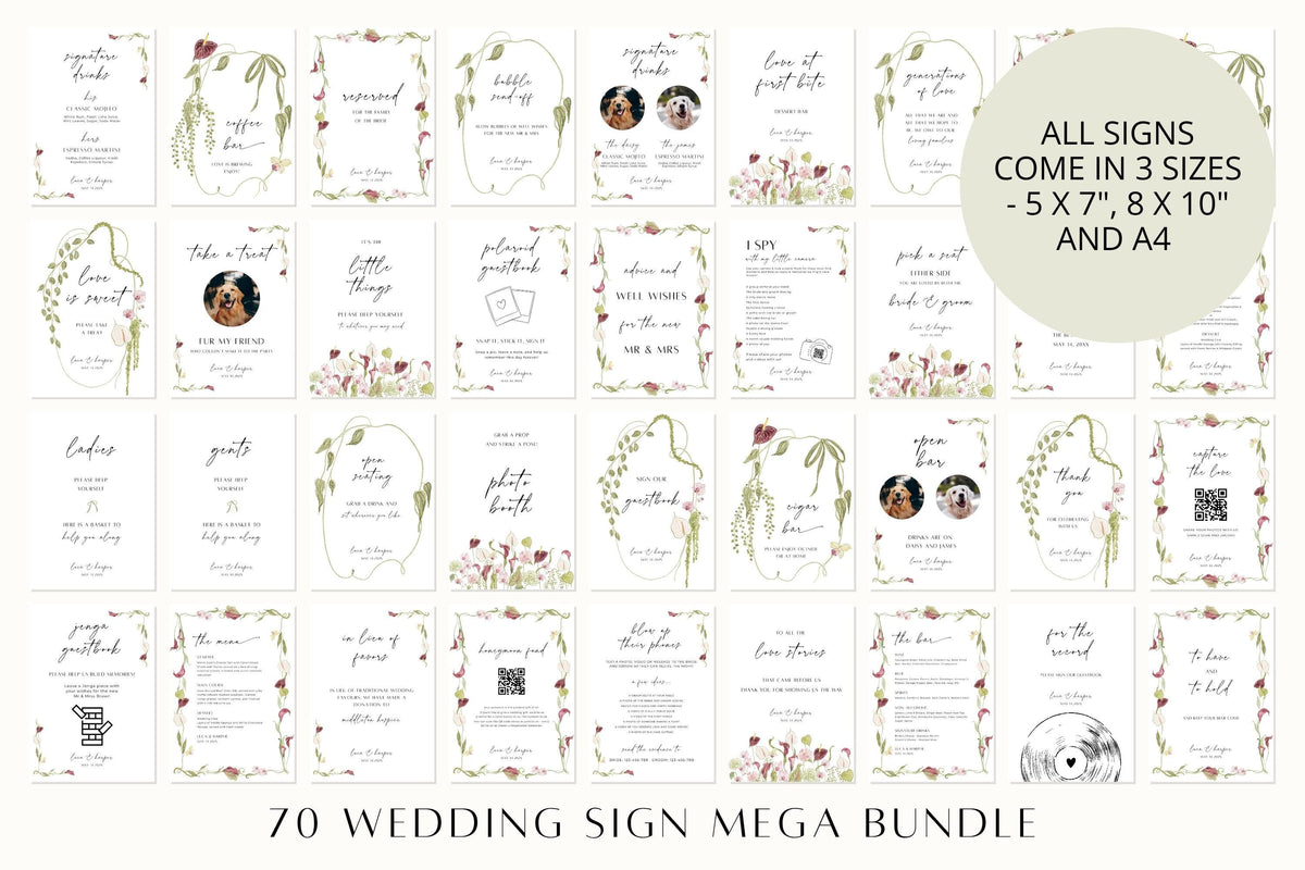 Full collection of 70 editable wedding sign templates, featuring mix and match floral designs for ceremony and reception signage, available in 5x7, 8x10 and A4 sizes.