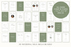 70 editable wedding signs in three sizes displayed in a sage green and white collection, with matching designs for wedding welcome signs, reception signs and table signs.