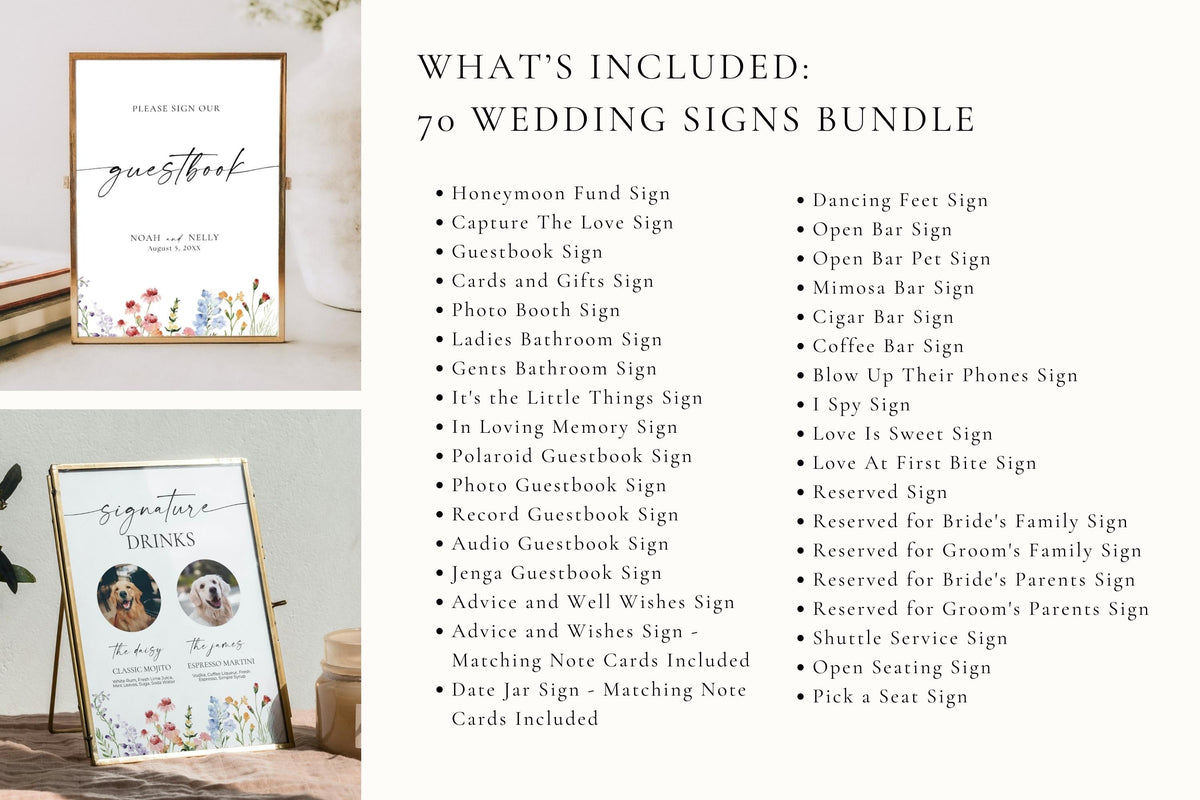 What’s included in 70 wildflower wedding signs bundle, editable Canva templates for guestbook, bar, reception and ceremony signs