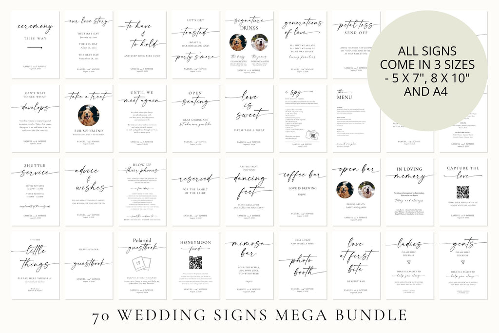 Overview layout of 70+ wedding signs mega bundle, including editable Canva templates in sizes 5x7, 8x10, and A4 for weddings and receptions.