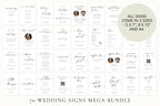 Overview layout of 70+ wedding signs mega bundle, including editable Canva templates in sizes 5x7, 8x10, and A4 for weddings and receptions.