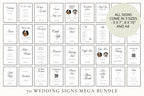 70 wedding signs mega bundle overview displaying all included minimalist wedding sign designs in 5x7, 8x10 and A4 sizes, editable in Canva for modern and elegant weddings
