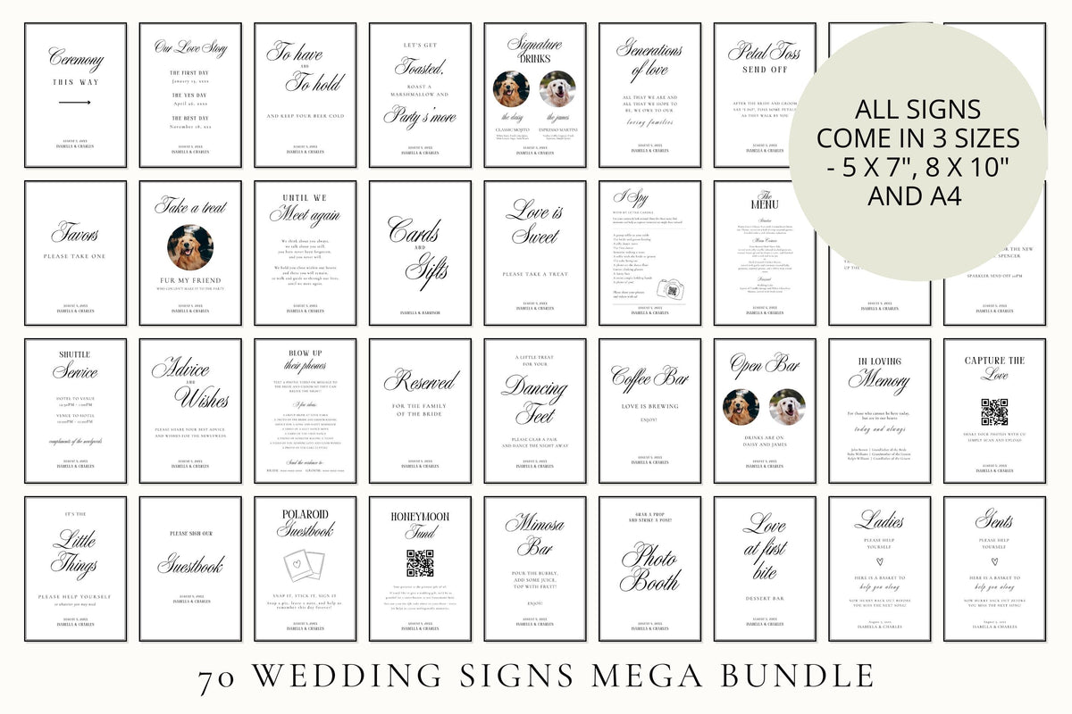 70 wedding signs mega bundle overview displaying all included minimalist wedding sign designs in 5x7, 8x10 and A4 sizes, editable in Canva for modern and elegant weddings
