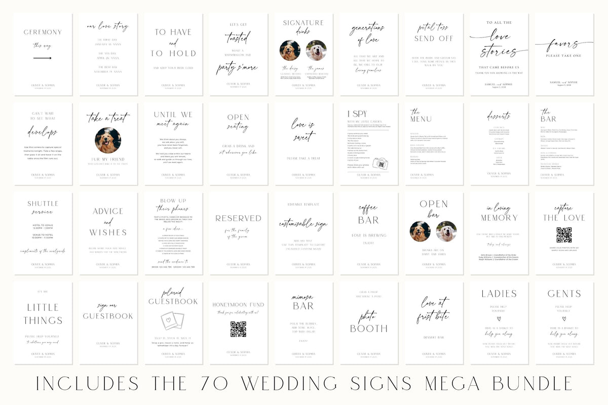 70 wedding signs bundle Canva template, editable wedding sign collection, wedding welcome sign templates, seating chart templates, printable wedding signage package