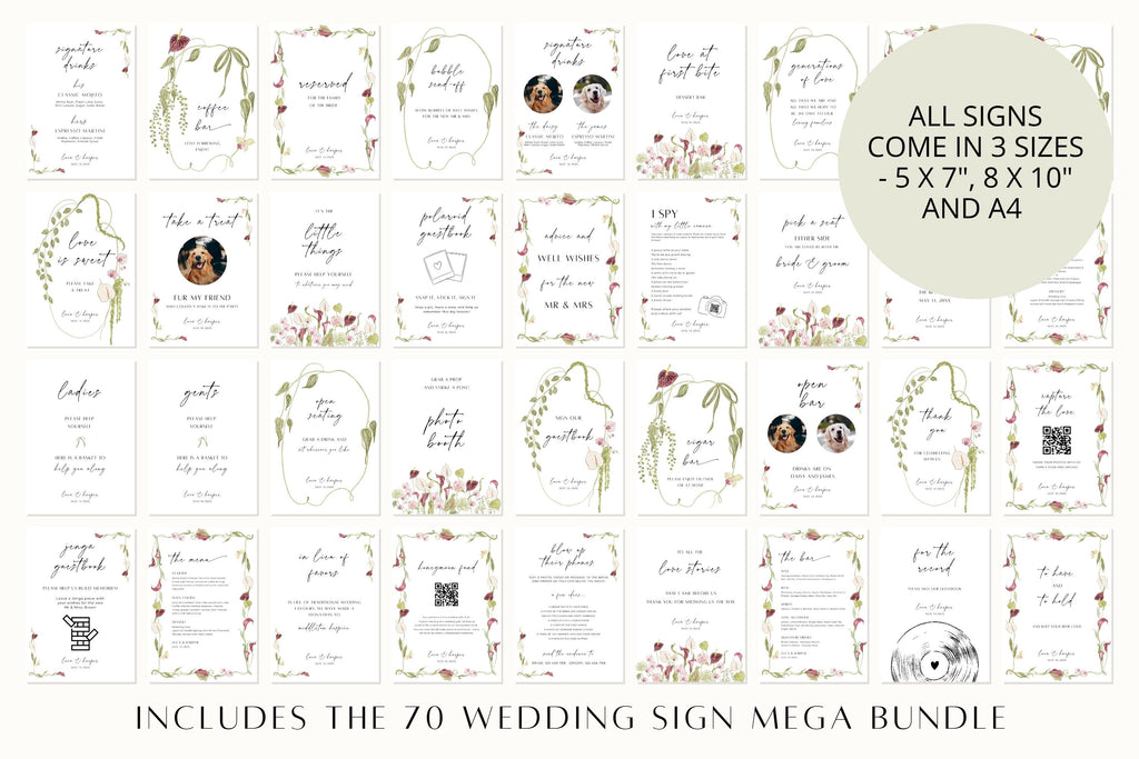 70-piece burgundy botanical wedding sign bundle showing the full range of matching editable floral Canva wedding sign templates in multiple sizes.