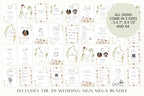 70-piece burgundy botanical wedding sign bundle showing the full range of matching editable floral Canva wedding sign templates in multiple sizes.