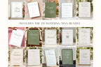 Editable sage green wedding signage bundle showing 70 coordinating printable wedding signs, including cards and gifts, guestbook, bar menu and reception detail signs with elegant old money styling.