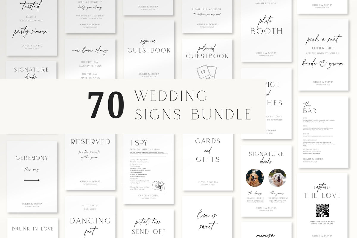 Editable wedding signs bundle collage with minimalist wedding templates including welcome sign, seating chart, signature drinks sign, guestbook sign and wedding reception signage editable in Canva