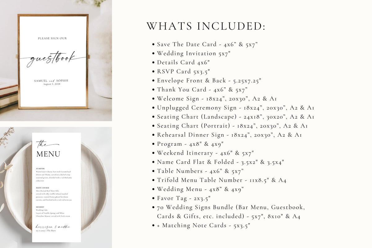 Comprehensive list of included Canva wedding templates in the bundle with sizes for each printable sign and card