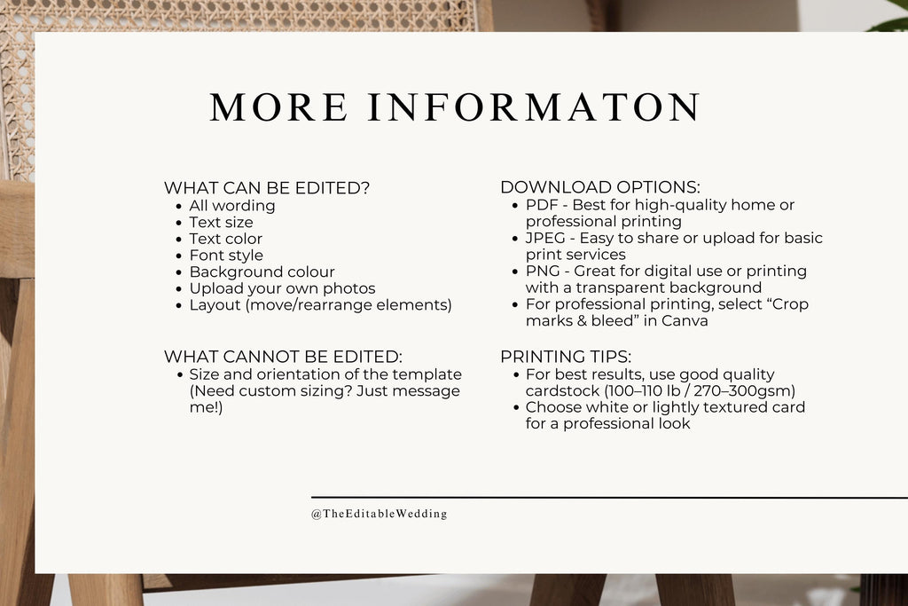 Editable Canva wedding signage details – fonts, text, and colours fully customizable with download options for PDF, JPG, and PNG prints.
