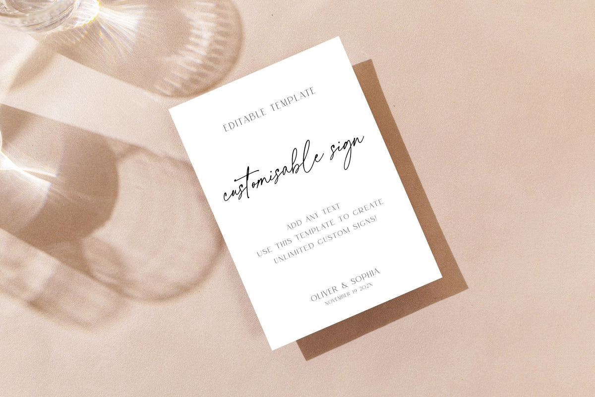Elegant customizable wedding sign template flat lay mockup with beige neutral styling, minimalist wedding signage editable in Canva, modern luxury wedding printable decor