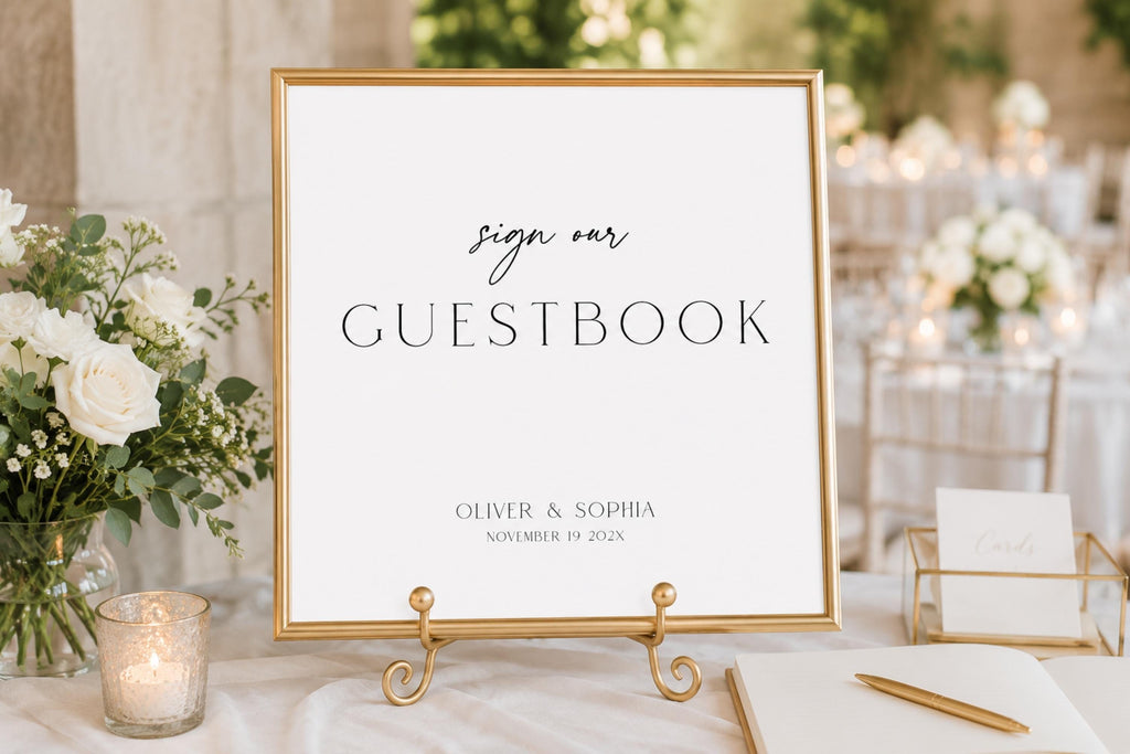 Romantic wedding guestbook sign printable displayed in gold frame at elegant wedding reception, neutral minimalist wedding signage template editable in Canva for modern weddings