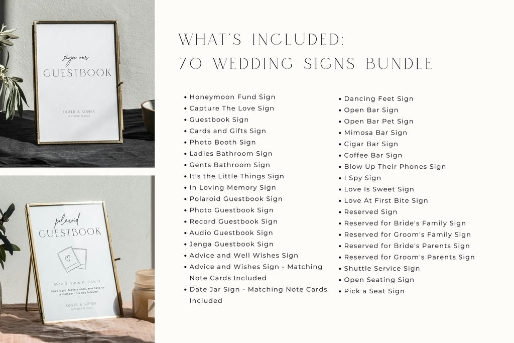 Wedding signs bundle inclusions mockup featuring editable guestbook sign and wedding booth sign templates, minimalist wedding signage package for modern luxury weddings editable in Canva