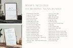 Wedding signs bundle inclusions mockup featuring editable guestbook sign and wedding booth sign templates, minimalist wedding signage package for modern luxury weddings editable in Canva