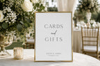 Minimalist cards and gifts wedding sign mockup with gold frame, elegant wedding reception signage template editable in Canva, luxury neutral wedding decor sign printable
