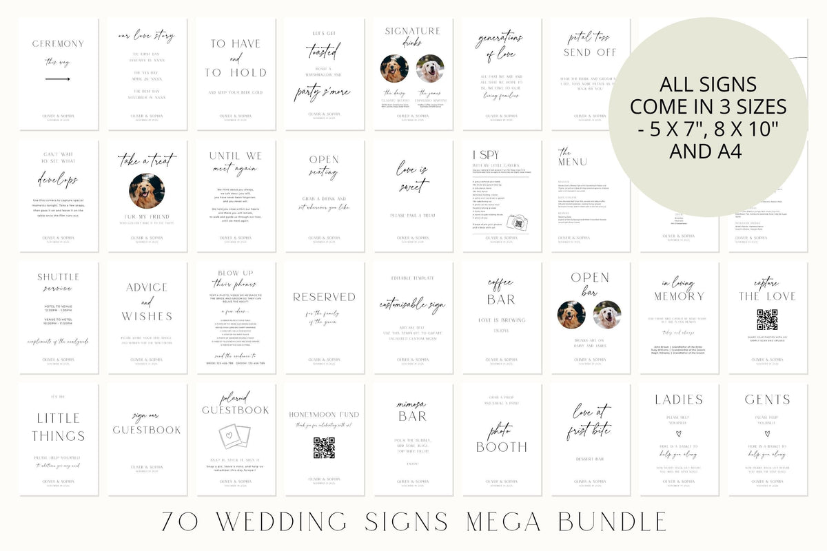 Modern wedding signs mega bundle preview with editable wedding signage templates in A4, 5x7 and 8x10 sizes, neutral minimalist wedding decor signs for elegant wedding receptions