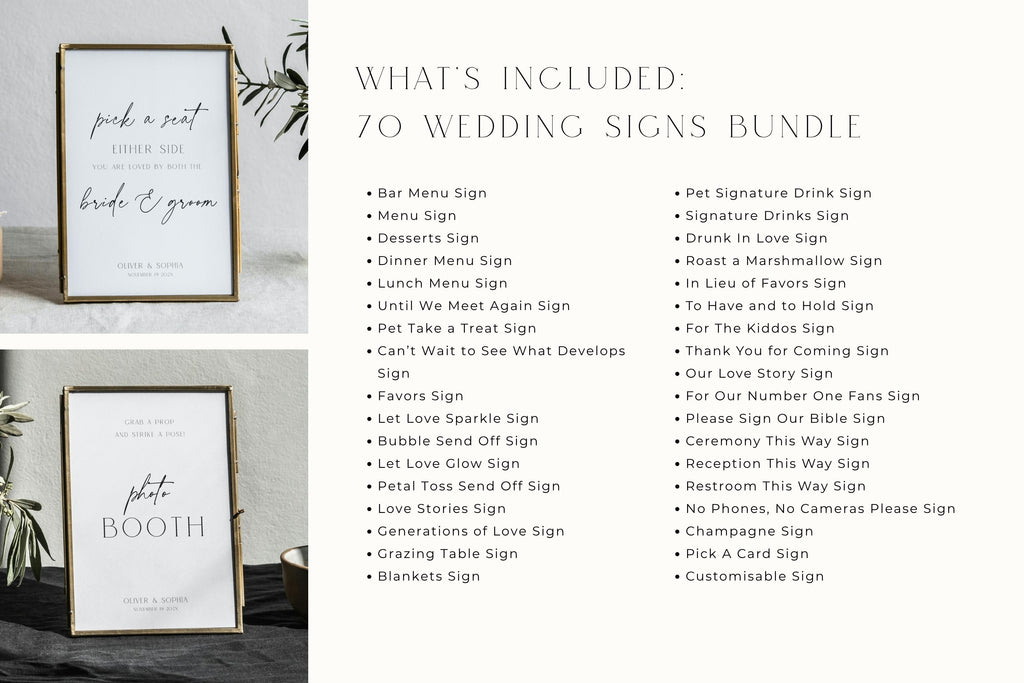 Neutral wedding signage bundle listing image with elegant wedding signs included, editable wedding reception sign templates, minimalist beige Canva wedding sign collection for instant download