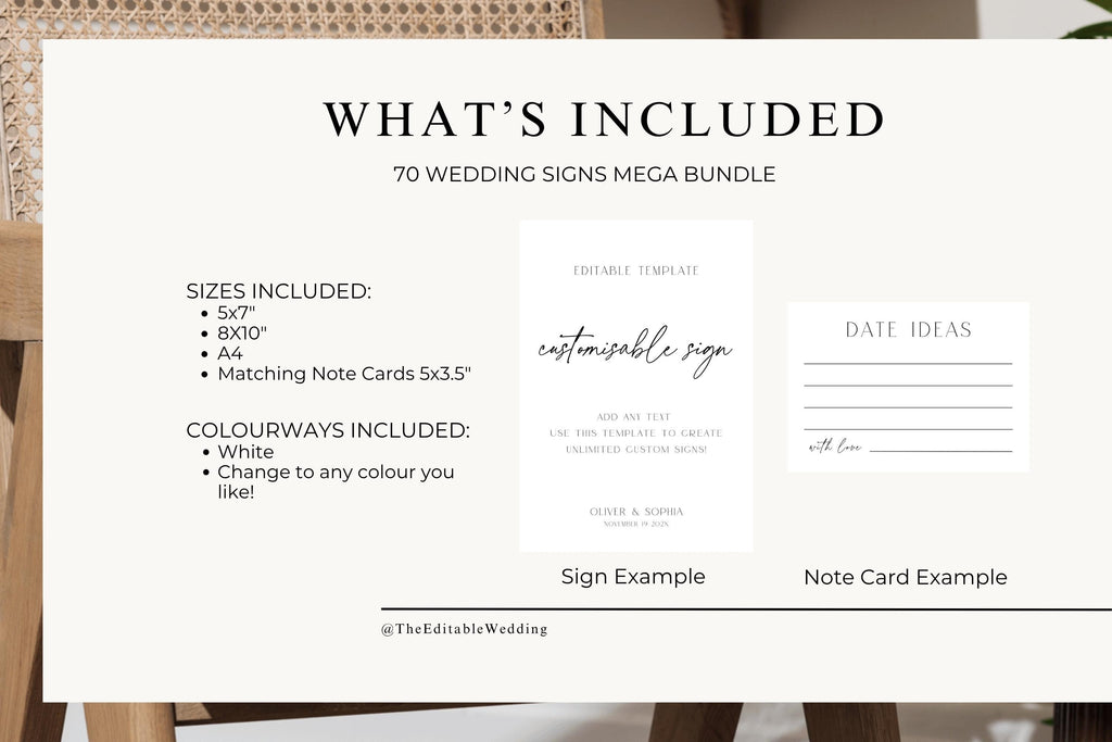 Wedding signs mega bundle inclusions template featuring customizable wedding sign examples, editable Canva wedding signage package with matching note cards and neutral minimalist aesthetic