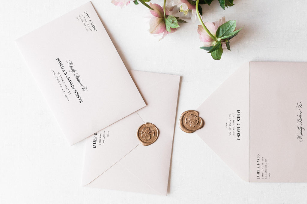 Luxury old money wedding invitation suite with envelope addressing, blush envelopes and wax seals, editable Canva return address and front address template.