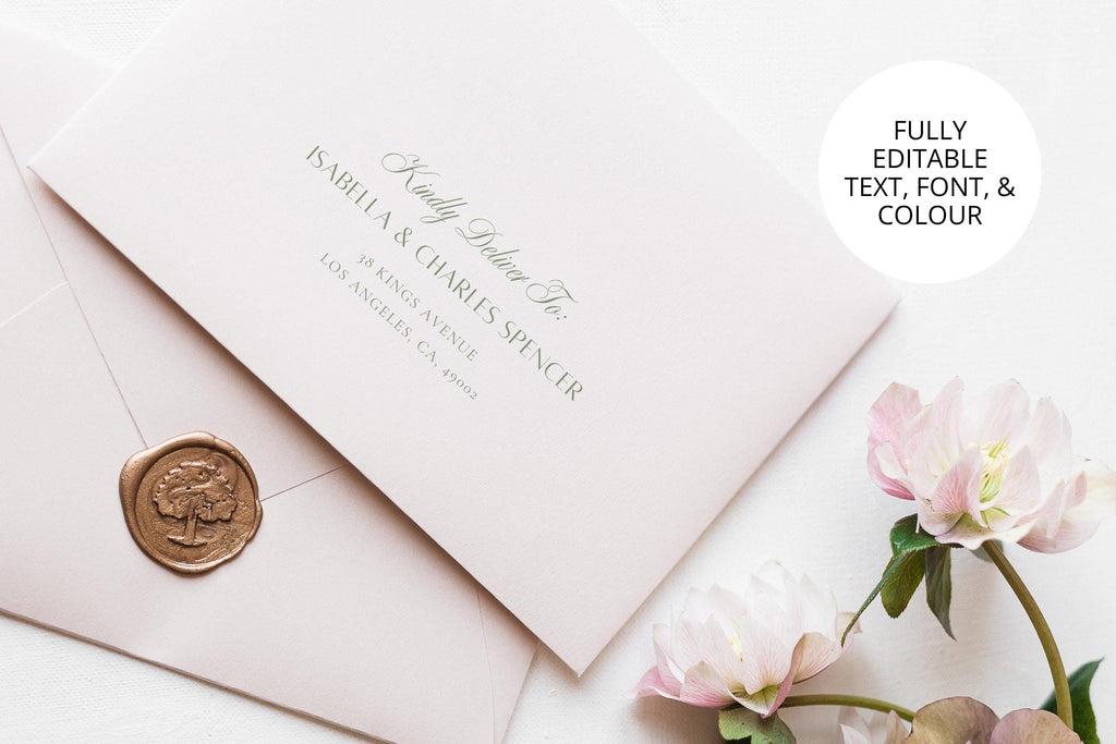 Close-up of an editable sage green wedding envelope address template with romantic script names and refined serif lettering, styled with a gold wax seal and blush flowers; customise text, fonts and colours.