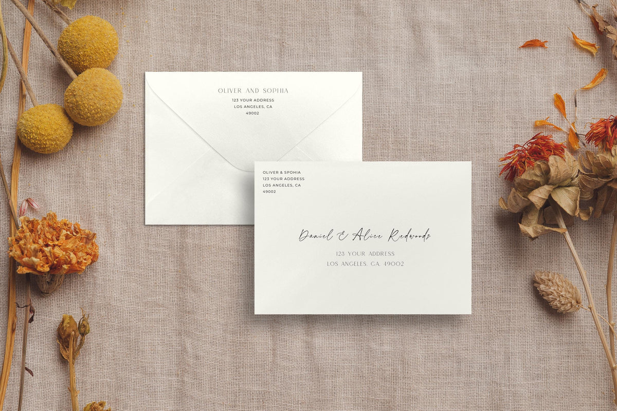 Rustic autumn wedding envelope addressing template with dried florals and neutral tones, minimalist modern wedding stationery, editable Canva printable envelope addressing template