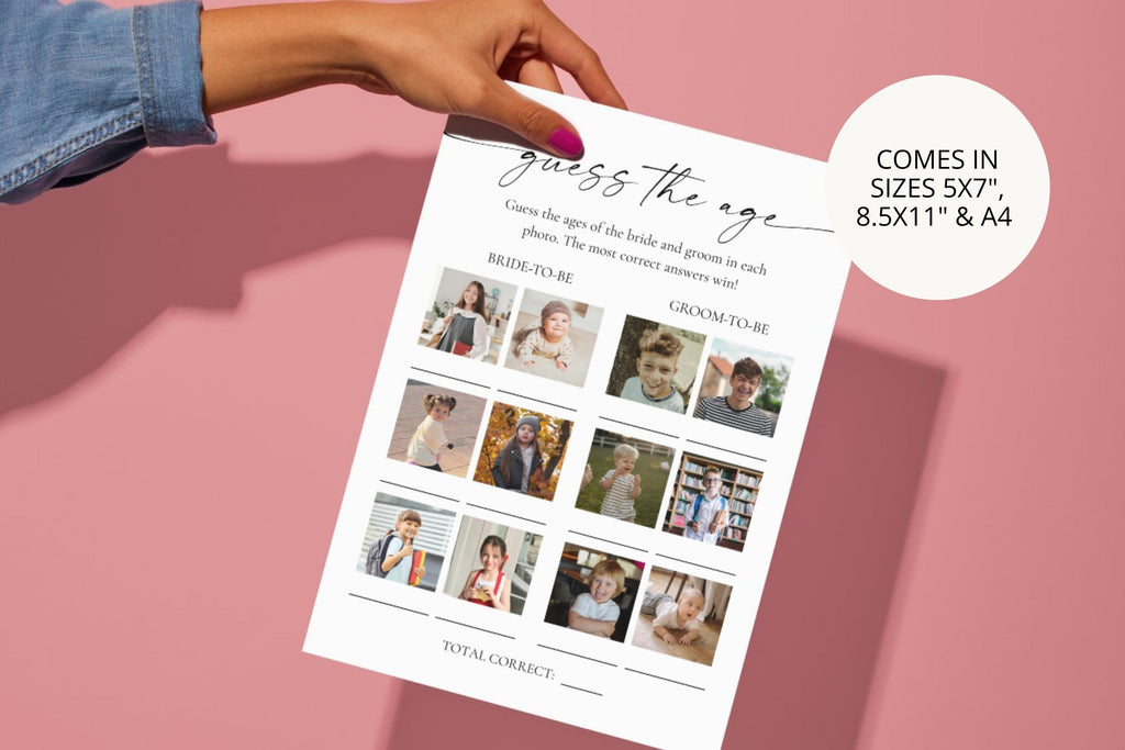 Printable bridal photo challenge game sheet held in hand – modern wedding shower and bachelorette party game template, editable Canva design, pink neutral background.