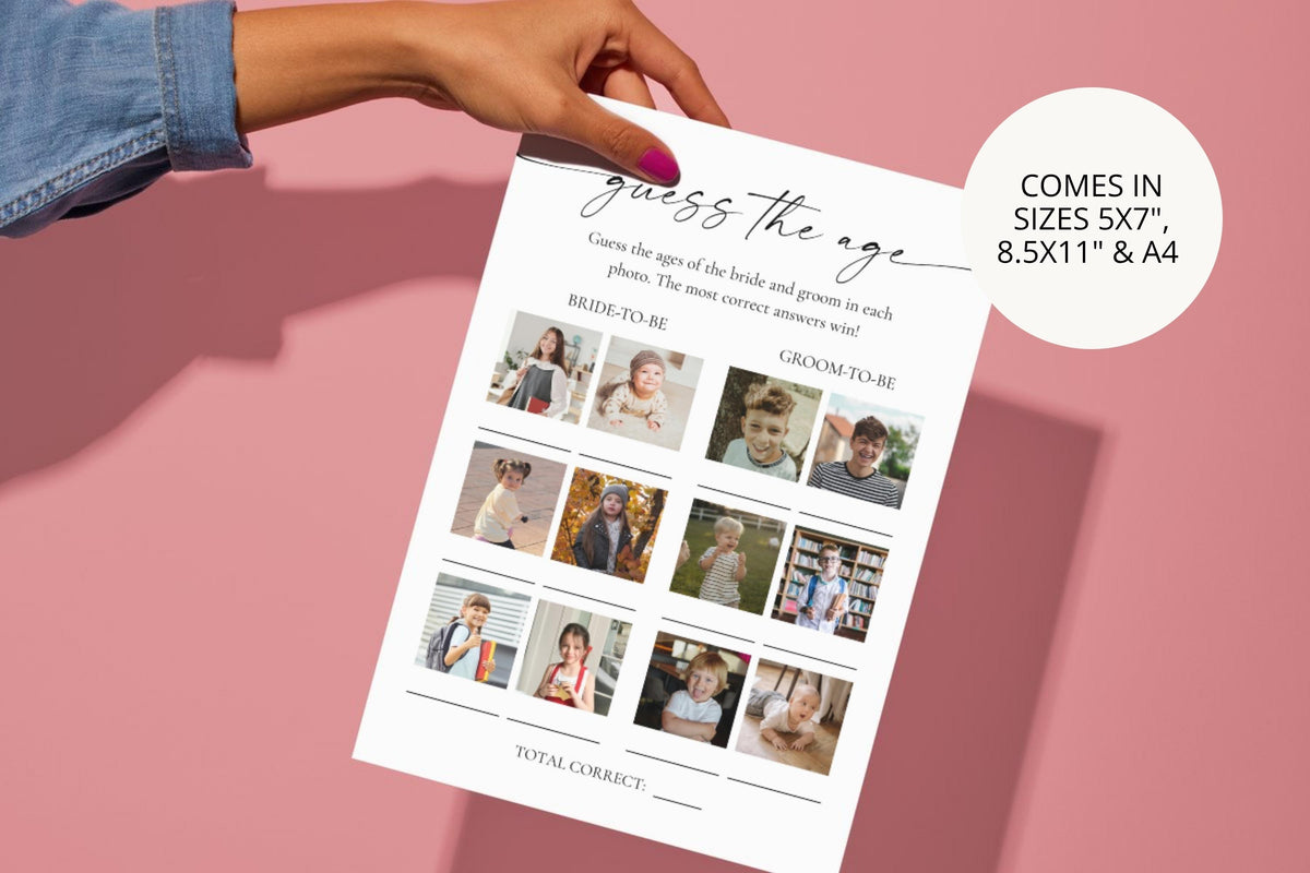 Printable bridal photo challenge game sheet held in hand – modern wedding shower and bachelorette party game template, editable Canva design, pink neutral background.