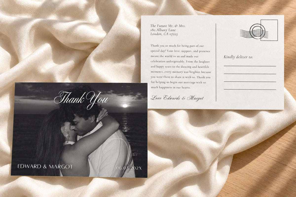 Elegant wedding thank you card template with a black and white photo front and personalised postcard back, arranged on ivory satin with classic typography, an address section and vintage postage details.