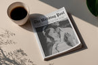 Folded wedding newspaper booklet on table, minimalist wedding newspaper template, printable wedding activity program newspaper, modern wedding newsprint Canva template