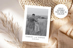 Editable double sided photo save the date invitation template for weddings in Canva, neutral boho style flatlay with linen and dried florals, instant download printable card.
